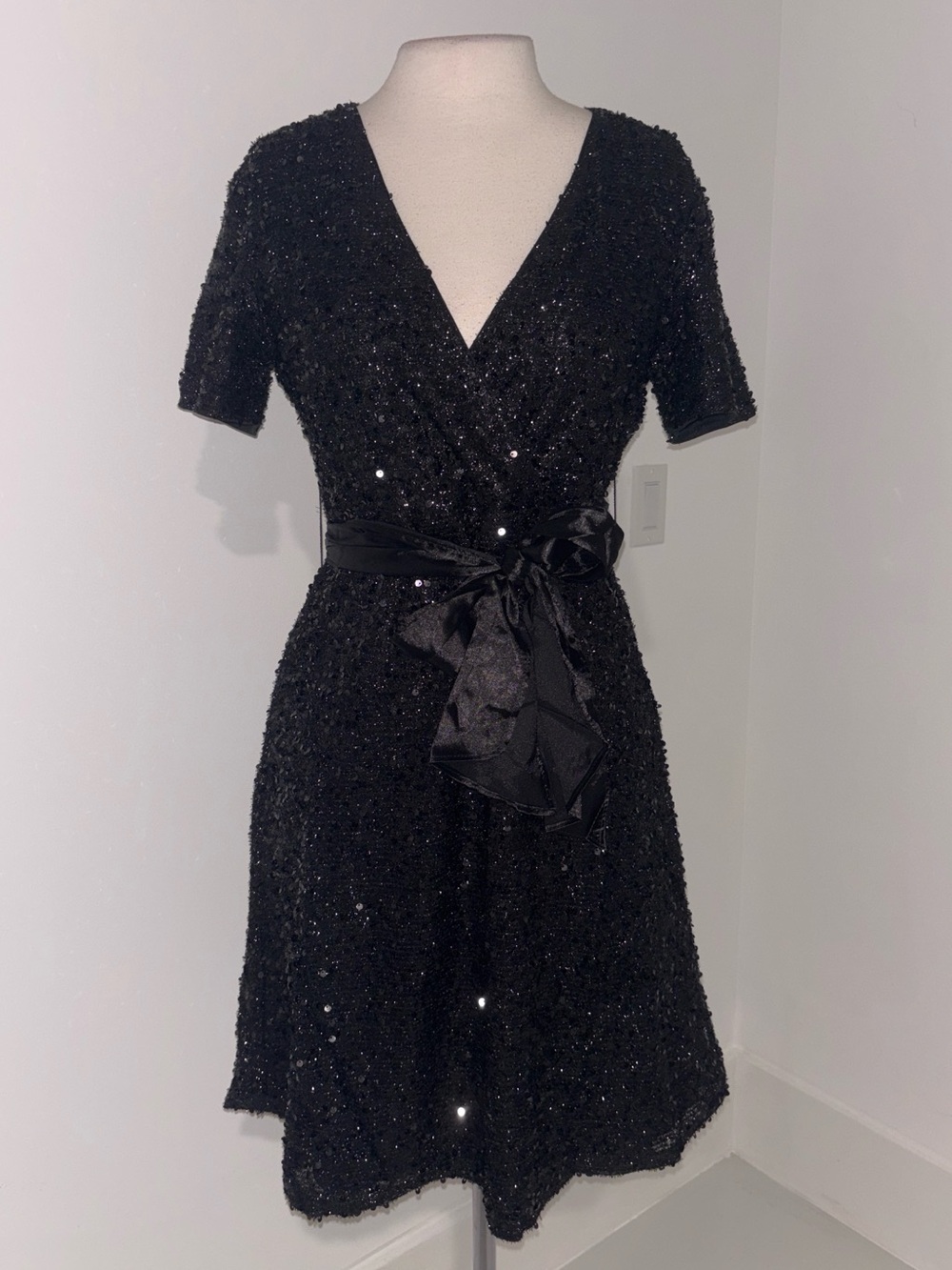 Black Sequin Wrap Dress with Satin Tie #234